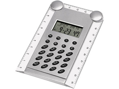 Калькулятор с часами, датой и складной линейкой, серебристый