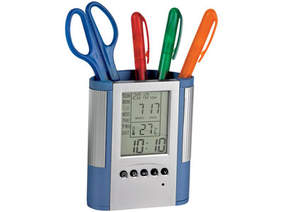 Подставка под ручки с часами, календарем и термометром, синяя