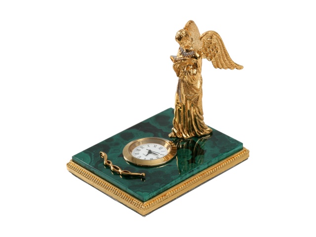 Настольный сувенир из малахита с часами "Ангел"