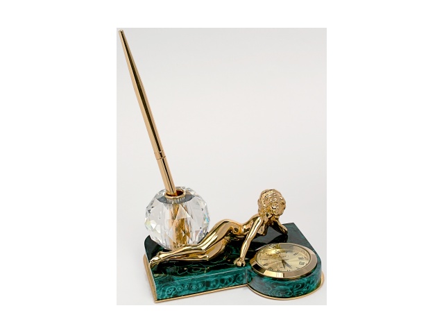 Настольный сувенир из малахита с часами "Русалка"