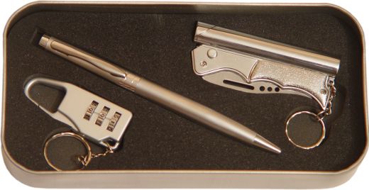 Подарочный набор (ручка, брелок, зажигалка с ножом) в метал.кор.